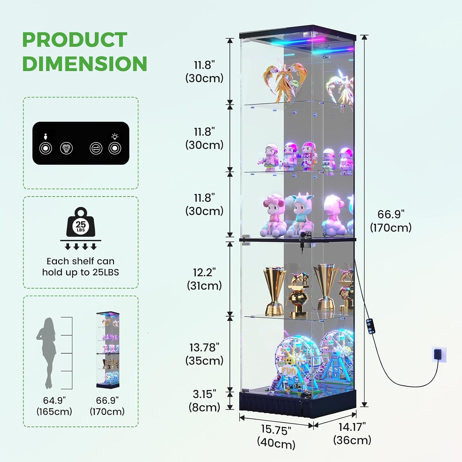 HNEBC Glass Display Cabinet, LED Display Case with RGB Lighting, Lockable Curio Cabinet with Explosion-Proof Glass Doors for Collectibles,5-Tier China Cabint with Motion Sensor Light-Black