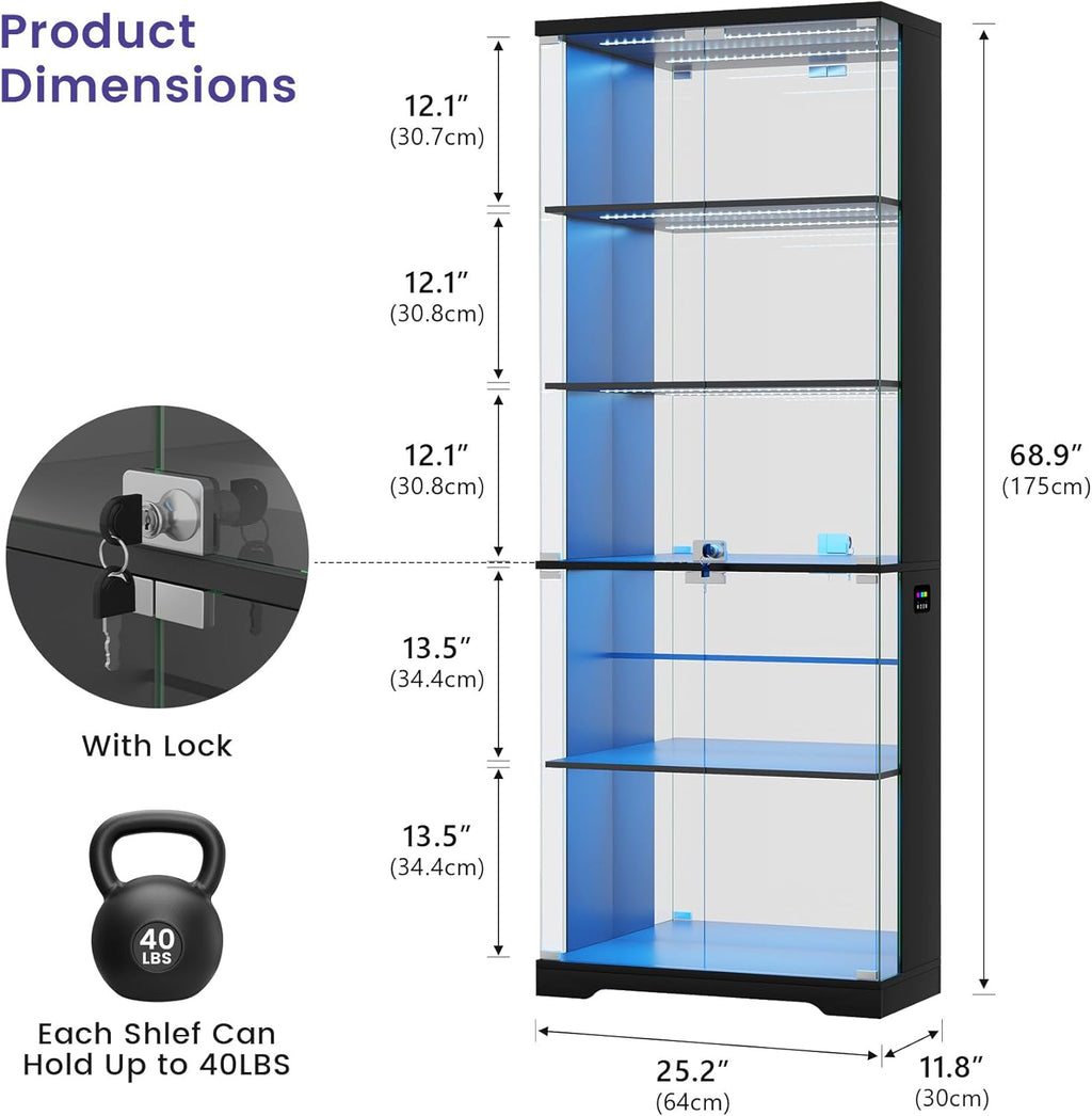 Dystler Glass Display Cabinet with Doors, 69" Tall RGB LED Curio Cabinet with 5-Tier Wooden Shelves for Collectibles, Lockable Display Case for Living Room (1, Black)