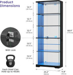 Dystler Glass Display Cabinet with Doors, 69" Tall RGB LED Curio Cabinet with 5-Tier Wooden Shelves for Collectibles, Lockable Display Case for Living Room (1, Black)