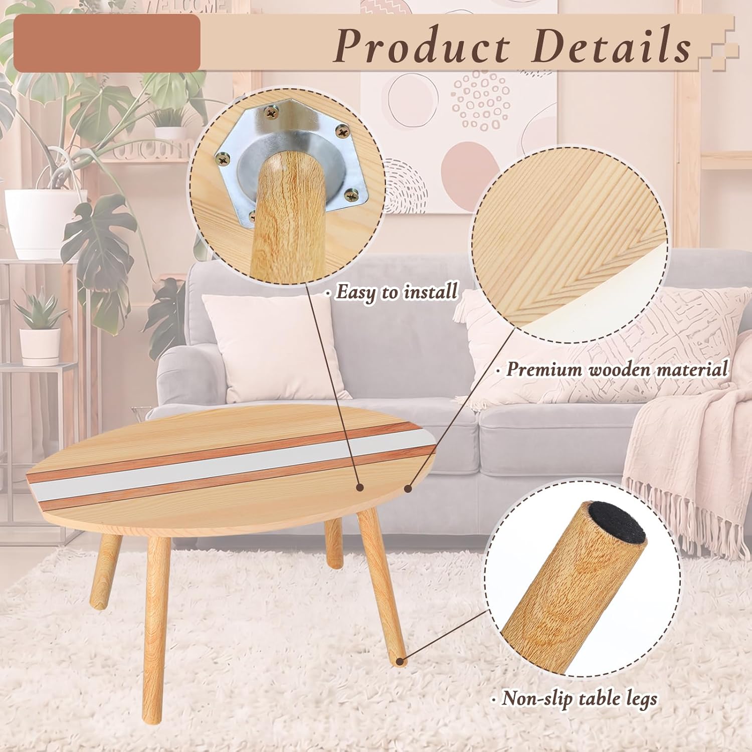 Novabright Coastal Decorative Surfboard Coffee Table, Solid Wood Small End Table 23.6 x 16.5 Inch, Stripe Overlaid Side for Living Room Bedroom Balcony Yard