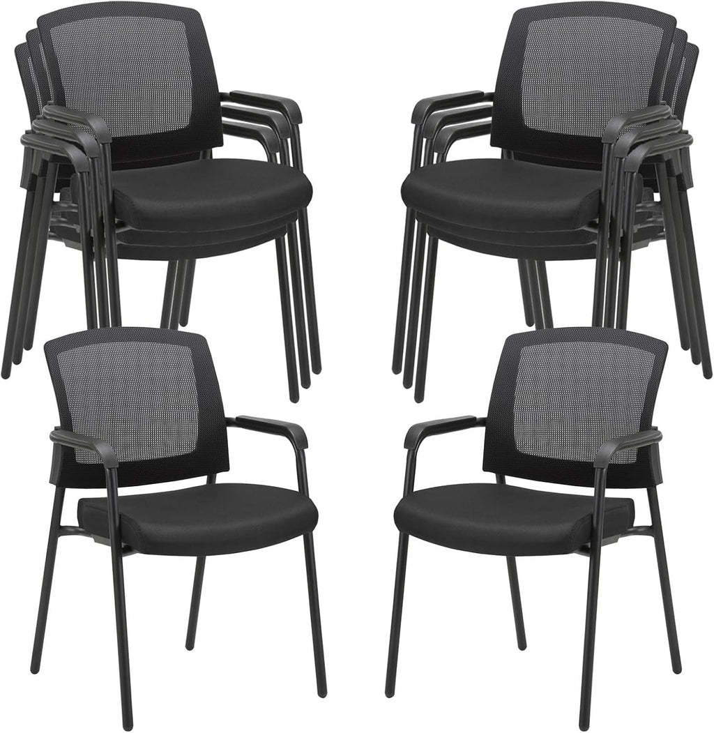 CLATINA Stackable Waiting Room Chairs, Ergonomic Mesh Office Chairs with Armrest & Lumbar Support, No Wheels Stacking Guest Reception Chairs for Conference Lobby Church School Home, Black,Set of 8