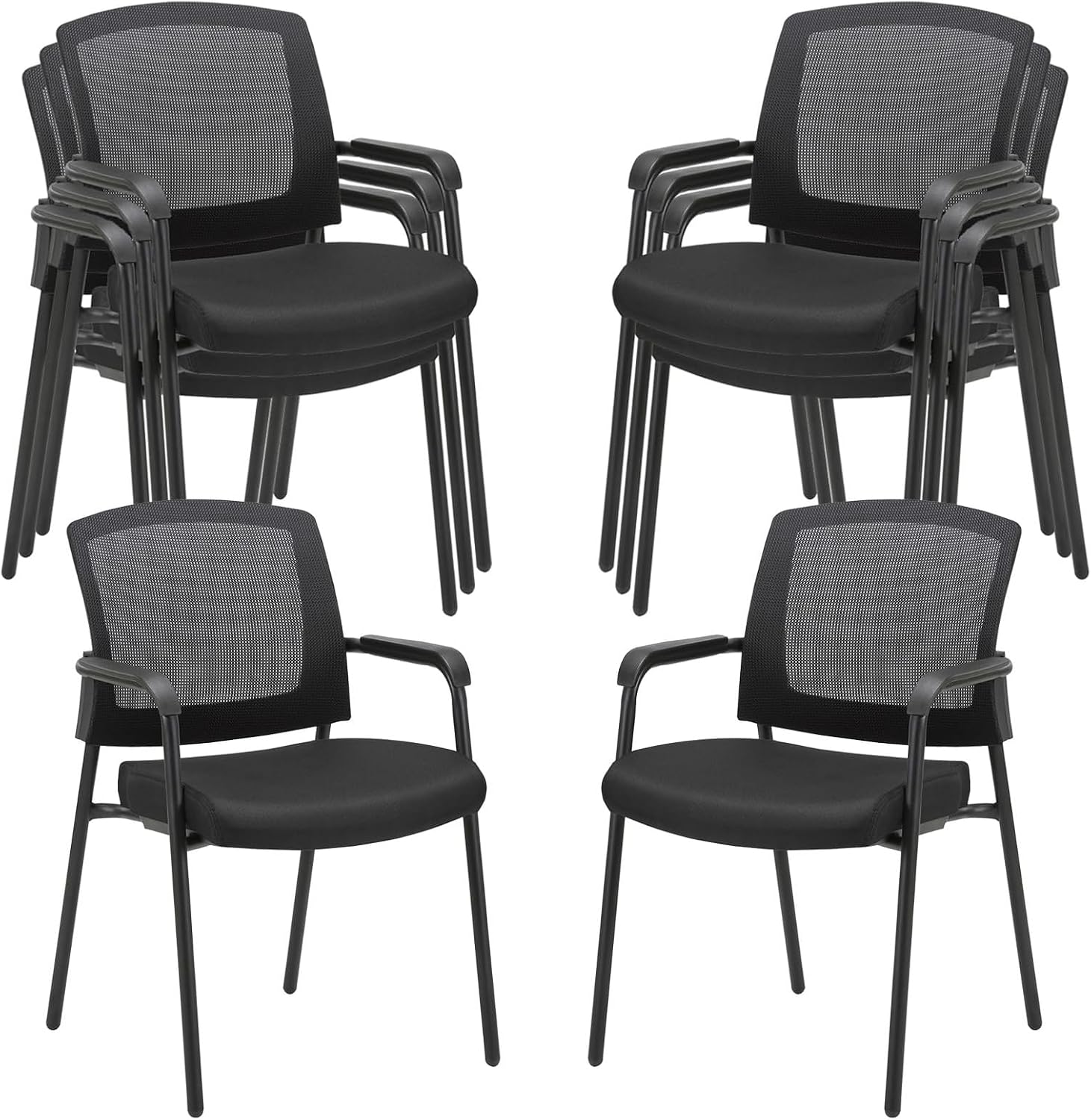 CLATINA Stackable Waiting Room Chairs, Ergonomic Mesh Office Chairs with Armrest & Lumbar Support, No Wheels Stacking Guest Reception Chairs for Conference Lobby Church School Home, Black,Set of 8
