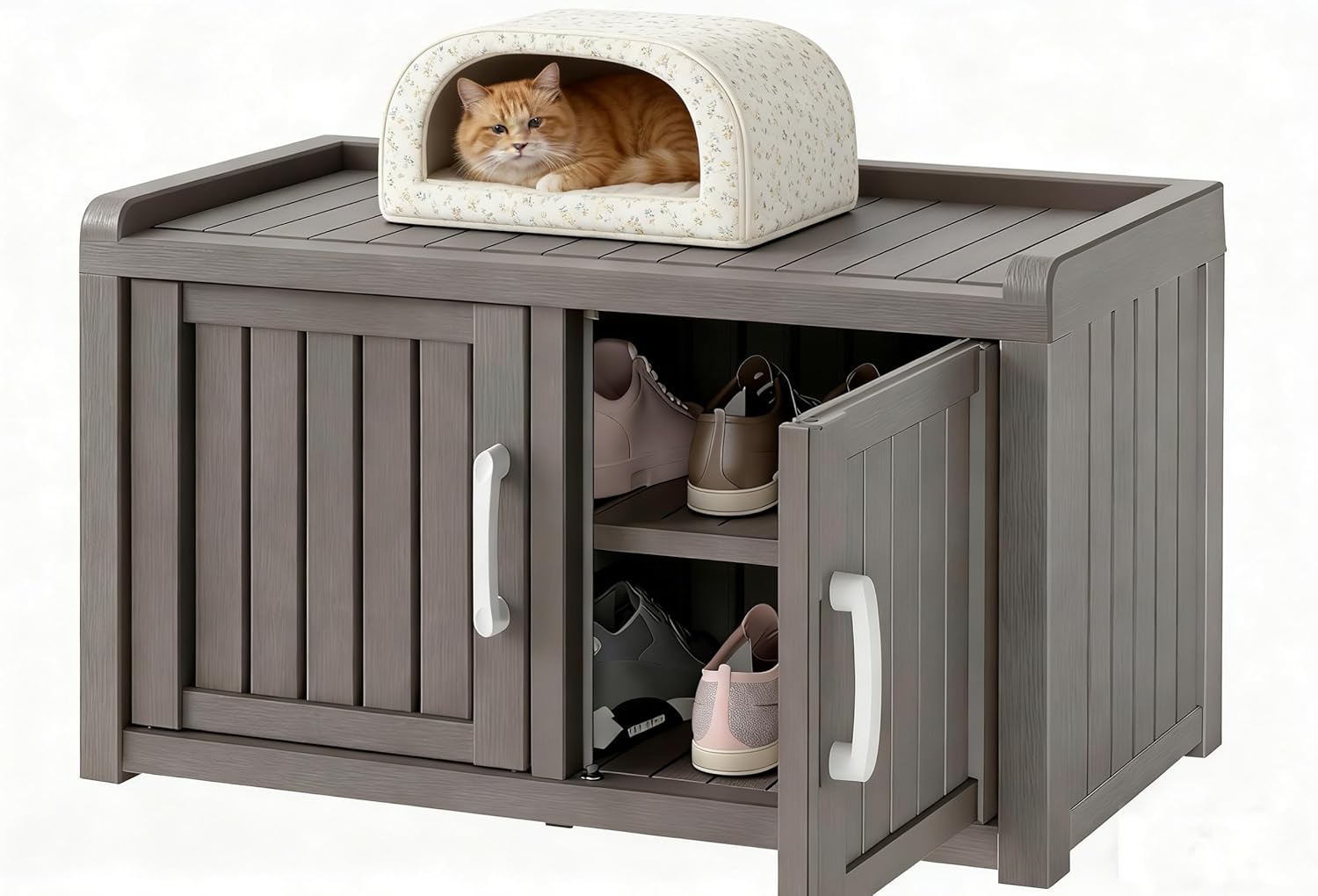 KAMABOKO Shoe Storage Cabinet Waterproof UV-Resistant, Entryway Storage Bench Indoor Outdoor with 2 Barn Doors, Adjustable Shelves for Entryway, Bedroom, Hallway,Living Room(Classic Grey)