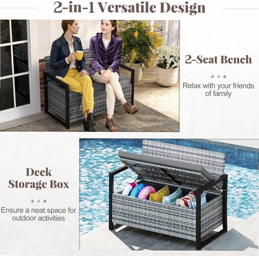 Gray Rustic PE Rattan Outdoor Storage Bench 24.5x46x33.5in, 800lb Capacity, 40 Gal Under-Seat, Weather-Resistant for Patio
