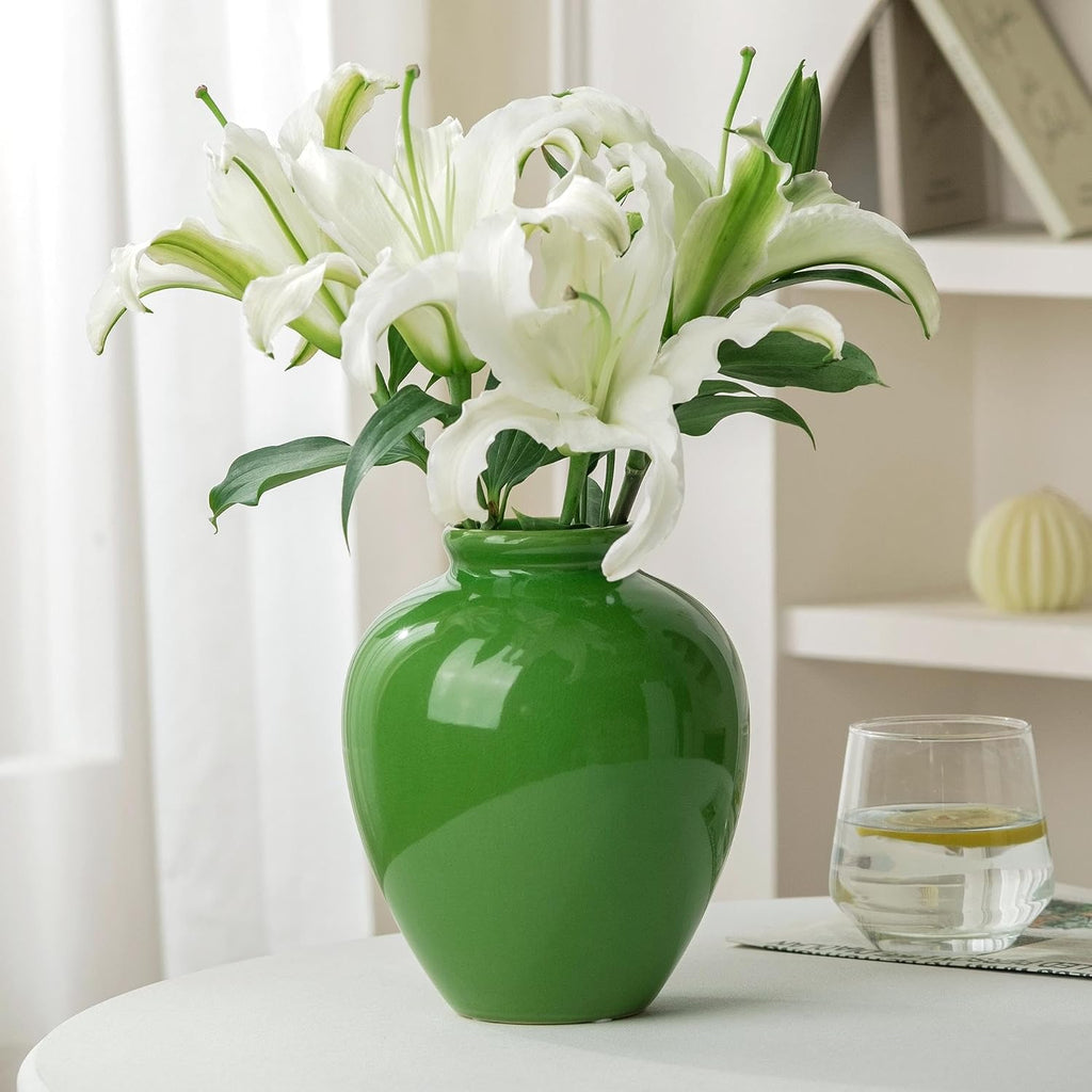7.5IN Green Ceramic Vase, Vintage Flower Vases with Ice Cracked Glazed for Home Decor, Rustic Decorative Chinoiserie Vase for Table Centerpiece Living Room Shelf Farmhouse Decor