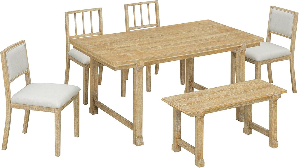 LUMISOL 6-Piece Dining Table Set for 6, Farmhouse Kitchen Table Set with 4 Upholstered Chairs with Bench, Solid Wood Table and Chairs Set for Kitchen, Dining Room, Natural Wood Wash+Beige