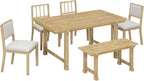 LUMISOL 6-Piece Dining Table Set for 6, Farmhouse Kitchen Table Set with 4 Upholstered Chairs with Bench, Solid Wood Table and Chairs Set for Kitchen, Dining Room, Natural Wood Wash+Beige