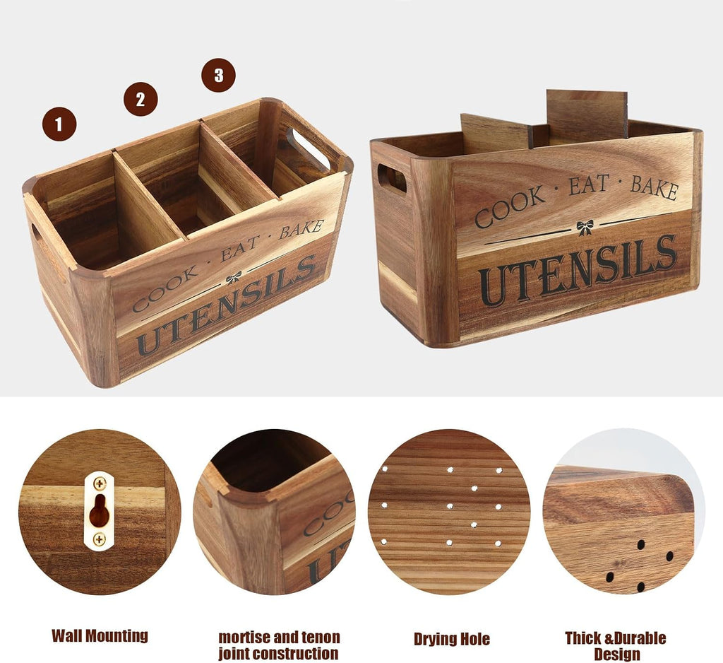 Utensil Holder for Kitchen Countertop - Extra Large 3 Compartment Wooden Organizer in Acacia Wood, Storage for Cooking Tools and Cutlery, Farmhouse Style for Home Cooking