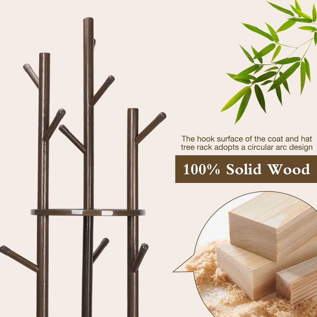 Wood Coat Rack Freestanding Rotary Coat tree with 3 Shelves and 9 Hooks | Heavy Duty Coat Rack Coat Hanger Stand for Entryway, Bedroom, Living Room – Holds Jackets, Coats, Hats, Bags (Walnut)