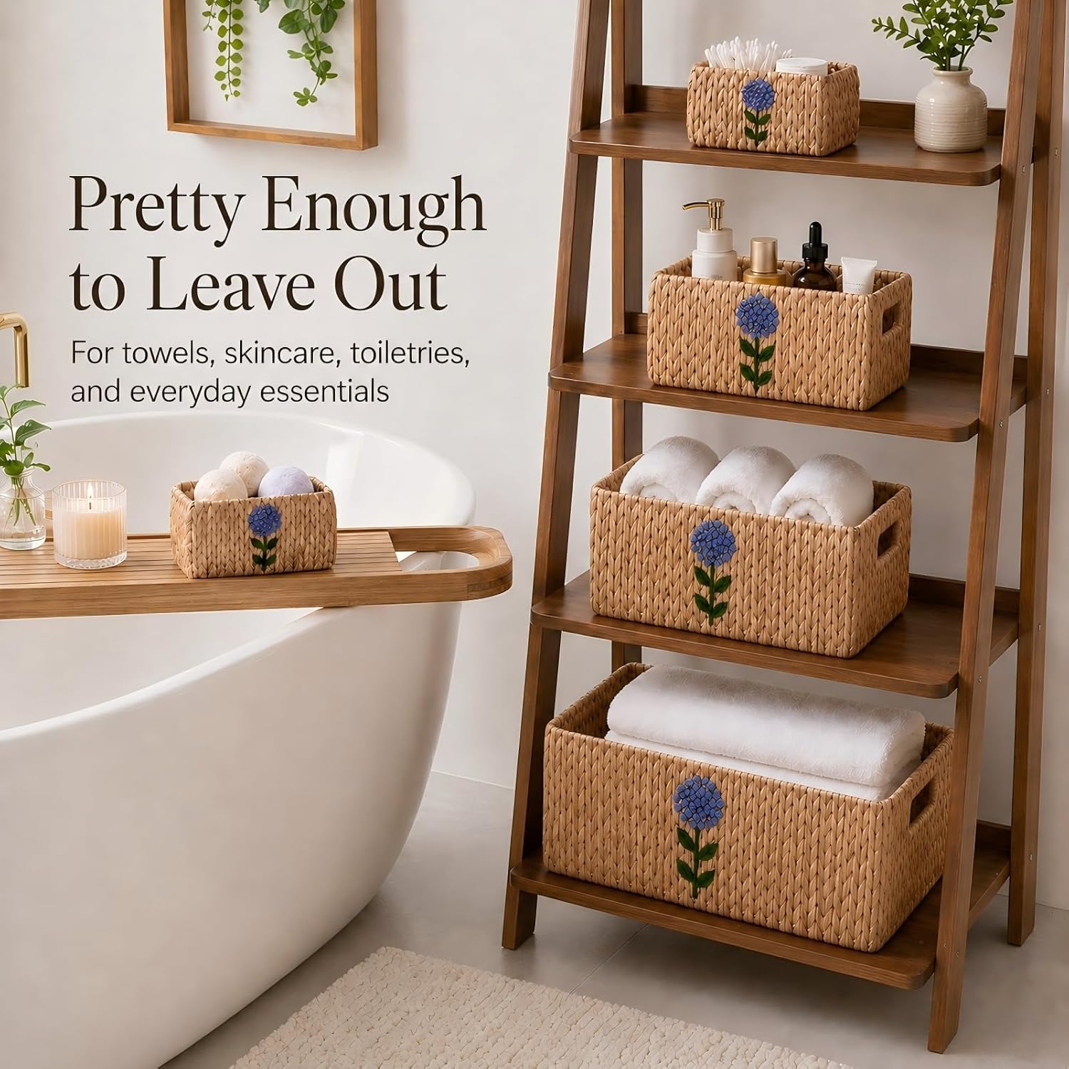 Set of 5 Storage Baskets for Organizing, Water Hyacinth Baskets for Shelves, Organizer Basket with Handles, Decorative Storage Basket for Closet, Pantry Organizers