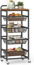 VASAGLE Storage Rolling Cart with Pull-Out Baskets, 5-Tier Utility Cart Orgnizer with Wheels for Laundry Room, Kitchen, Handle, 12.5 x 15.8 x 37.4 Inches, Rustic Brown and Ink Black ULRC041K01