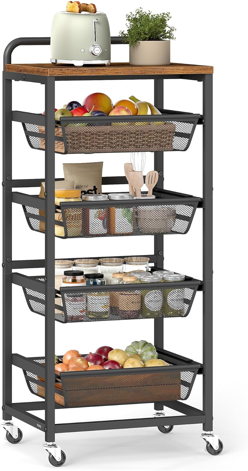 VASAGLE Storage Rolling Cart with Pull-Out Baskets, 5-Tier Utility Cart Orgnizer with Wheels for Laundry Room, Kitchen, Handle, 12.5 x 15.8 x 37.4 Inches, Rustic Brown and Ink Black ULRC041K01