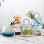 Glass Vase with Elegant Purse Design, Hand Purse vase with Fish Bowl, Unique Flower Vase with Handle and Bubbles - for Home Decor/Office/Garden/Wedding Decor/Enterpiece/Events (Purse Pink A)