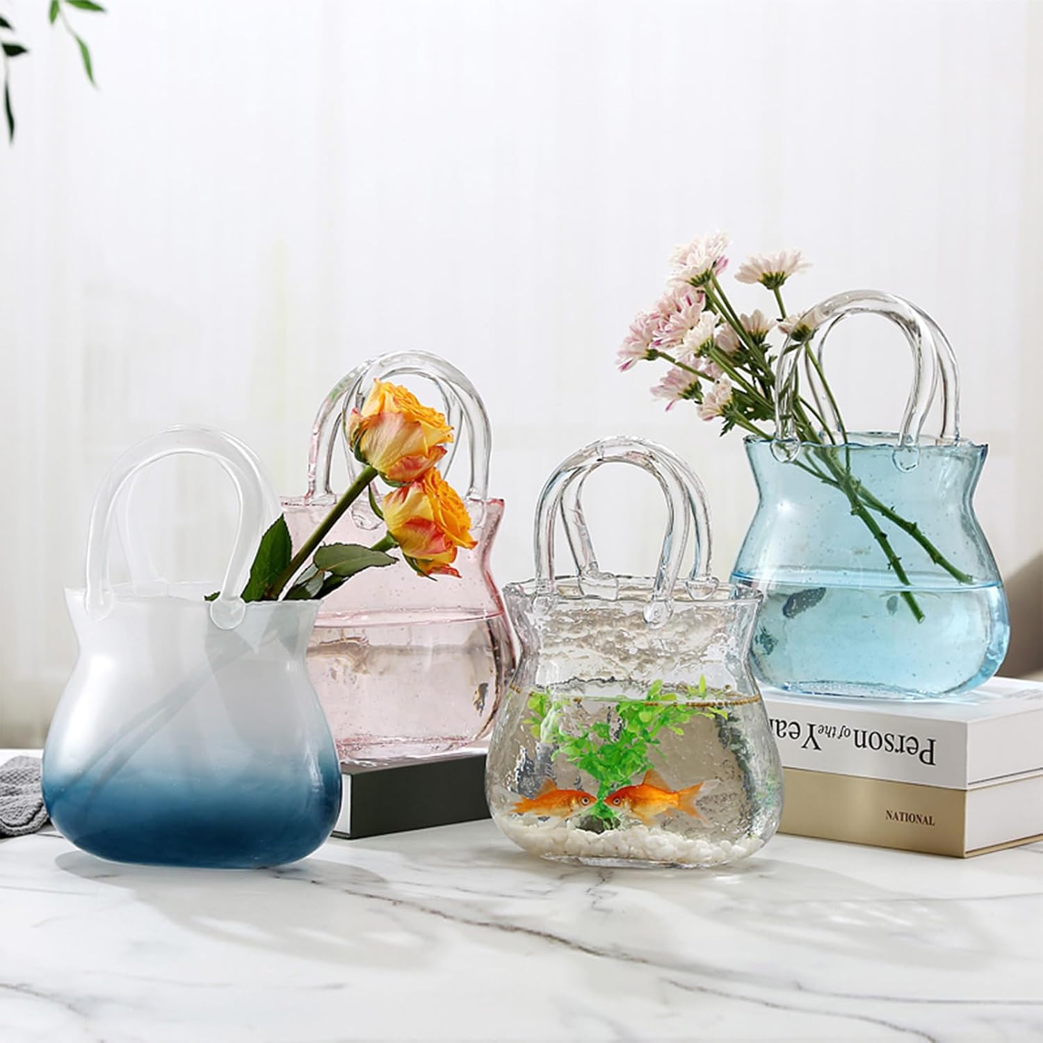 Glass Vase with Elegant Purse Design, Hand Purse vase with Fish Bowl, Unique Flower Vase with Handle and Bubbles - for Home Decor/Office/Garden/Wedding Decor/Enterpiece/Events (Purse Pink A)