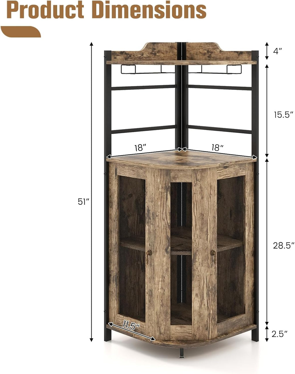 LOKO Corner Wine Bar Cabinet, Industrial Wine Cabinet with Metal Mesh Doors & Adjustable Shelf, Liquor Cabinet with Anti-toppling Device, Rustic Brown, 19 x 19 x 51 Inches (Taupe)