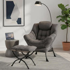 Lazy Chair with Ottoman, Modern Accent Chair Contemporary Sofa Chair with Armrests, Reading Chair and Folding Footstool Set for Living Room, Bedroom, Office, Dark Grey