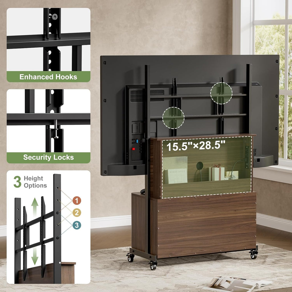 Planimetry Rolling TV Stand with Mount for 32-75 Inch TVs, Height Adjustable Mobile TV Stand with Lockable Wheels, Fluted Cabinet Entertainment Center with Power Outlet & Storage, Walnut