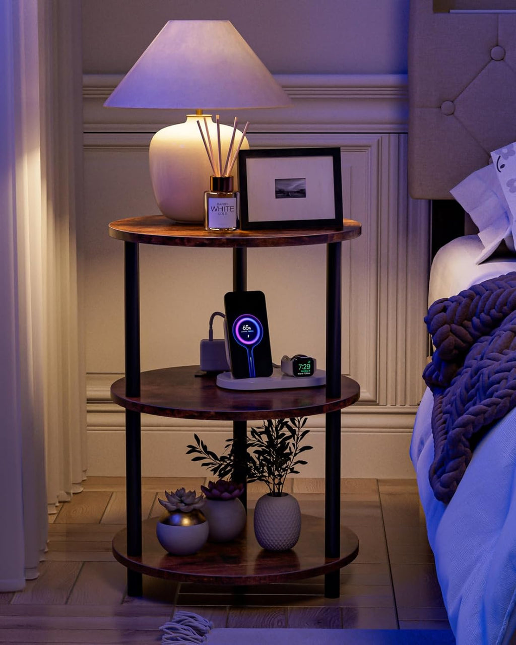 XBurmo Small Round End Table - 3 Tier Design Accent Table, Narrow Side or Bedside Stand, Industrial Vintage Table for Small Spaces, Built-in USB Ports and Power Outlet, Rustic Brown