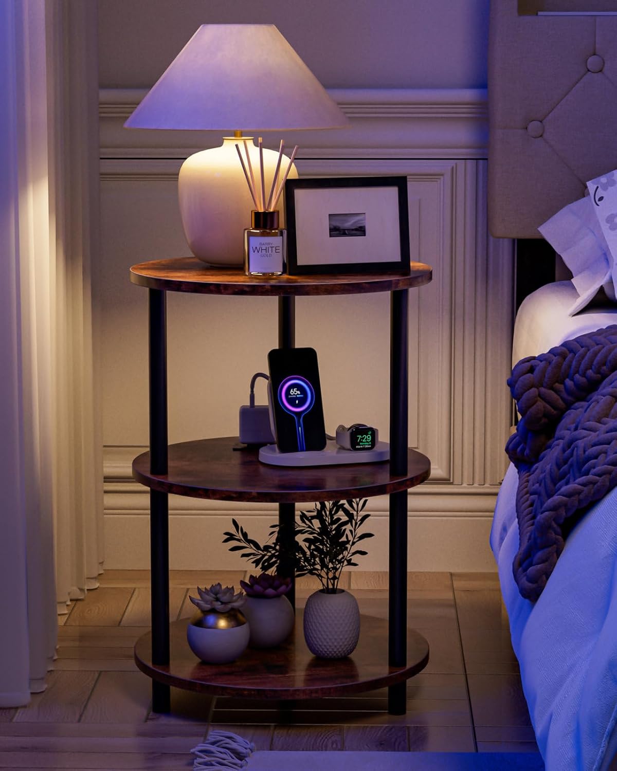 XBurmo Small Round End Table - 3 Tier Design Accent Table, Narrow Side or Bedside Stand, Industrial Vintage Table for Small Spaces, Built-in USB Ports and Power Outlet, Rustic Brown