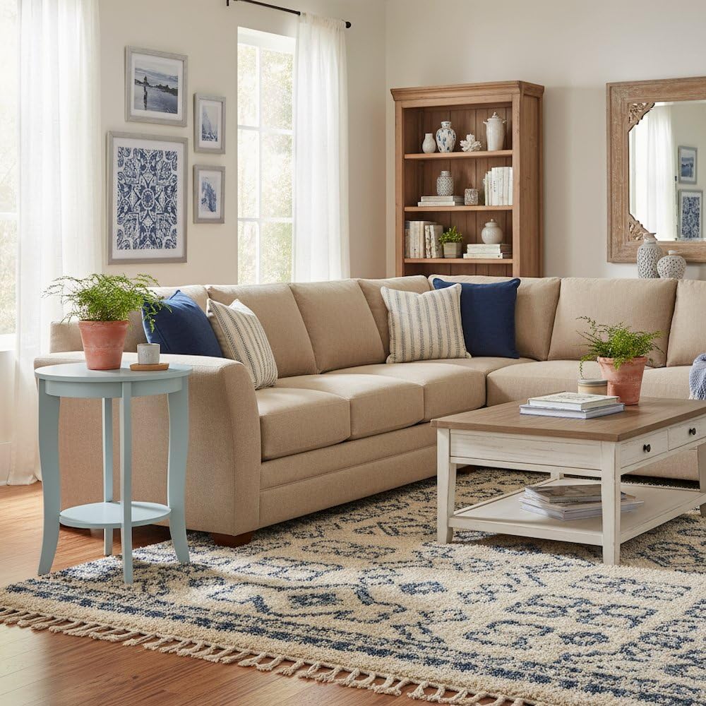 Furnifact Round End Table with Lower Storage Shelf, Modern Accent Side Table for Living Room, Quick Assembly, Light Blue Finish