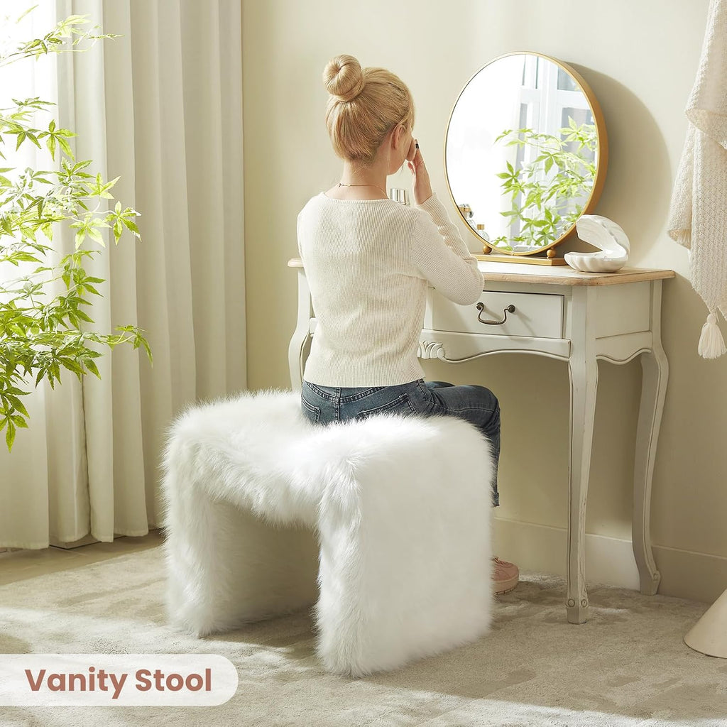 Vanity Stool Chair Small Footstool Ottoman Faux Fur Seating Backless Modern Foot Rest Ottoman Furry for Makeup Room Living Room Bedroom Entryway,White (Single 1)