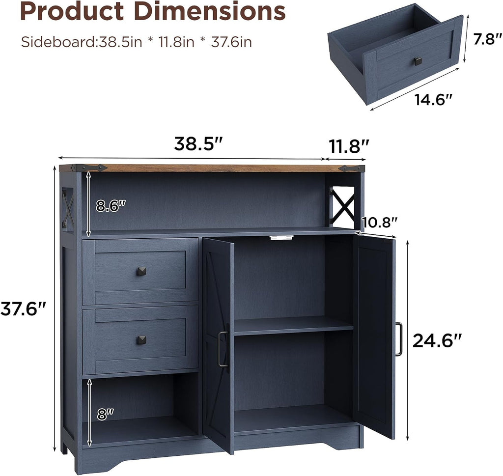 Vabches Farmhouse Buffet Sideboard Cabinet with 2 Drawers and Open Shelf, 27.5" Storage Cabinet with Adjustable Shelves and Door, Coffee Bar Hutch Pantry for Kitchen, Living Room, Blue (38.5" L)