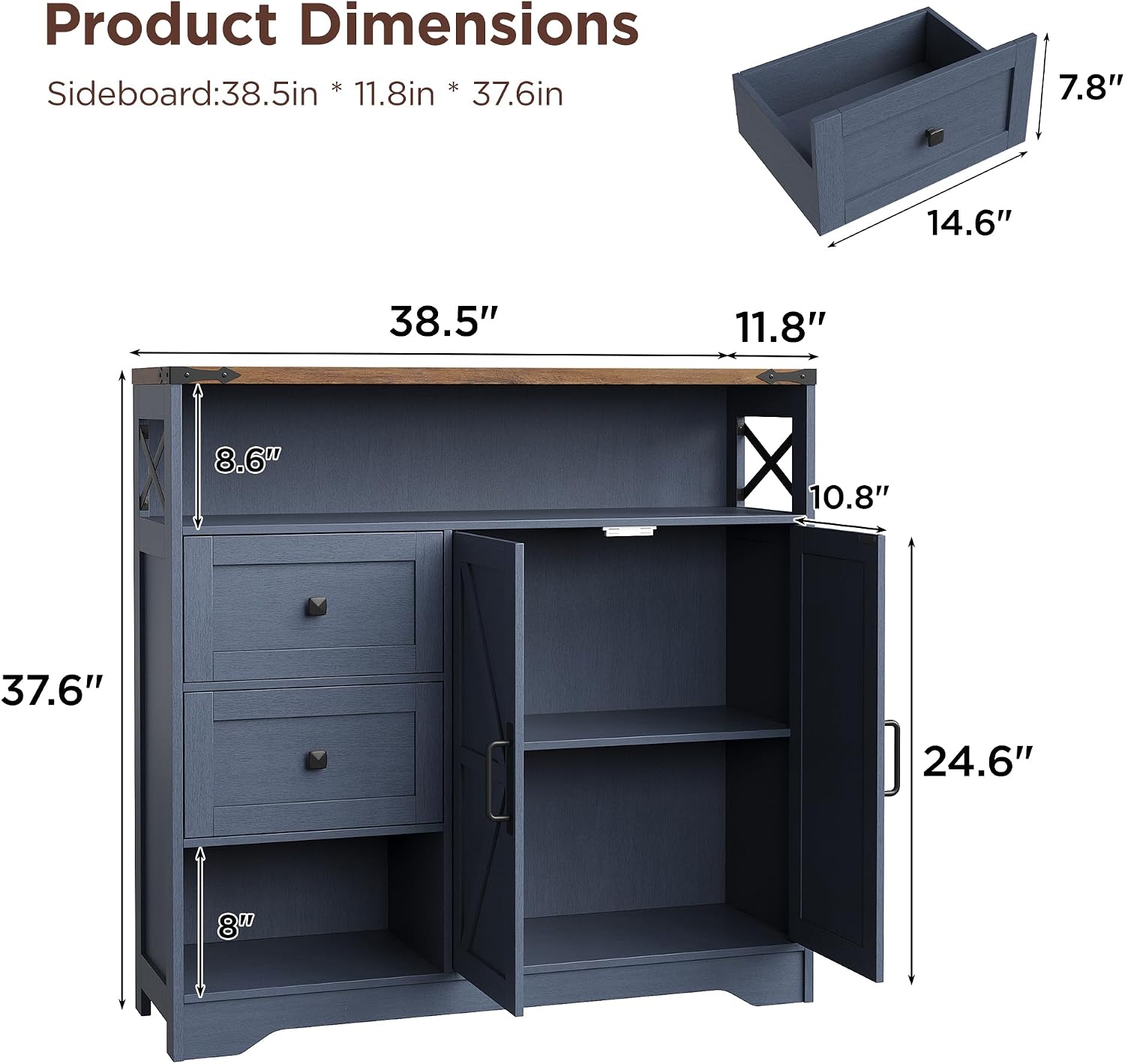 Vabches Farmhouse Buffet Sideboard Cabinet with 2 Drawers and Open Shelf, 27.5" Storage Cabinet with Adjustable Shelves and Door, Coffee Bar Hutch Pantry for Kitchen, Living Room, Blue (38.5" L)