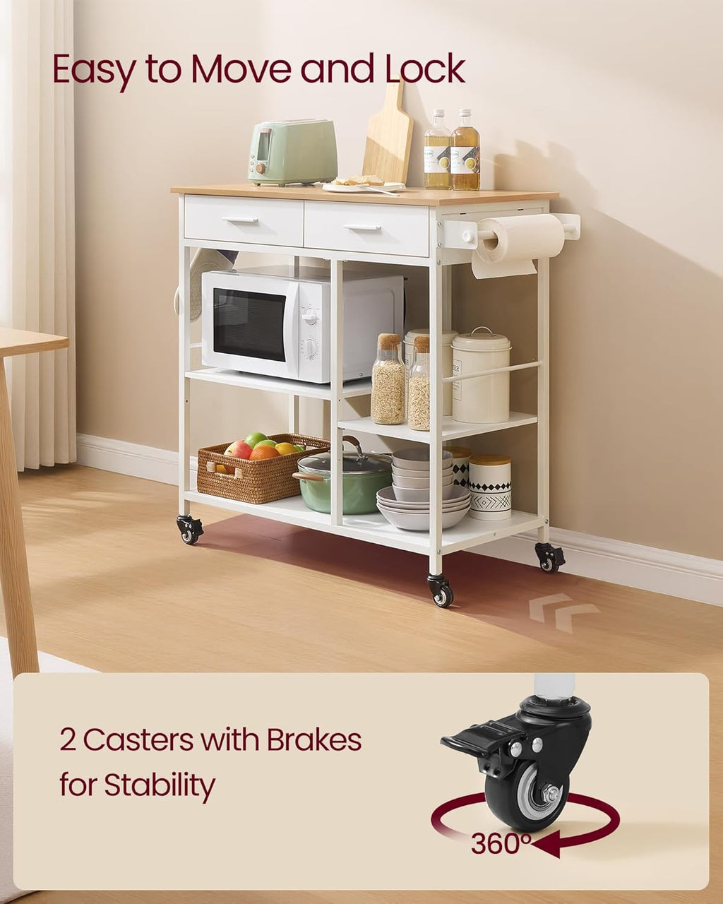 VASAGLE Kitchen Rolling Island, Mobile Kitchen Cart with Storage on Wheels, 17.7 x 38.8 x 35.4 Inches, Towel Rack, 2 Drawers, 2 Hooks, for Dining Room, Oak Beige and Matte White UKKI010Y01