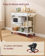 VASAGLE Kitchen Rolling Island, Mobile Kitchen Cart with Storage on Wheels, 17.7 x 38.8 x 35.4 Inches, Towel Rack, 2 Drawers, 2 Hooks, for Dining Room, Oak Beige and Matte White UKKI010Y01