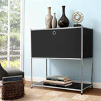 Modern Metal Side Table with Drop-Door & Open Shelf, 27.5" Height Silver & Orange Storage Cabinet for Living Room, Bedroom, Office - Nightstand, Bookshelf, for Small Spaces, Apartments & Dorms(Black)