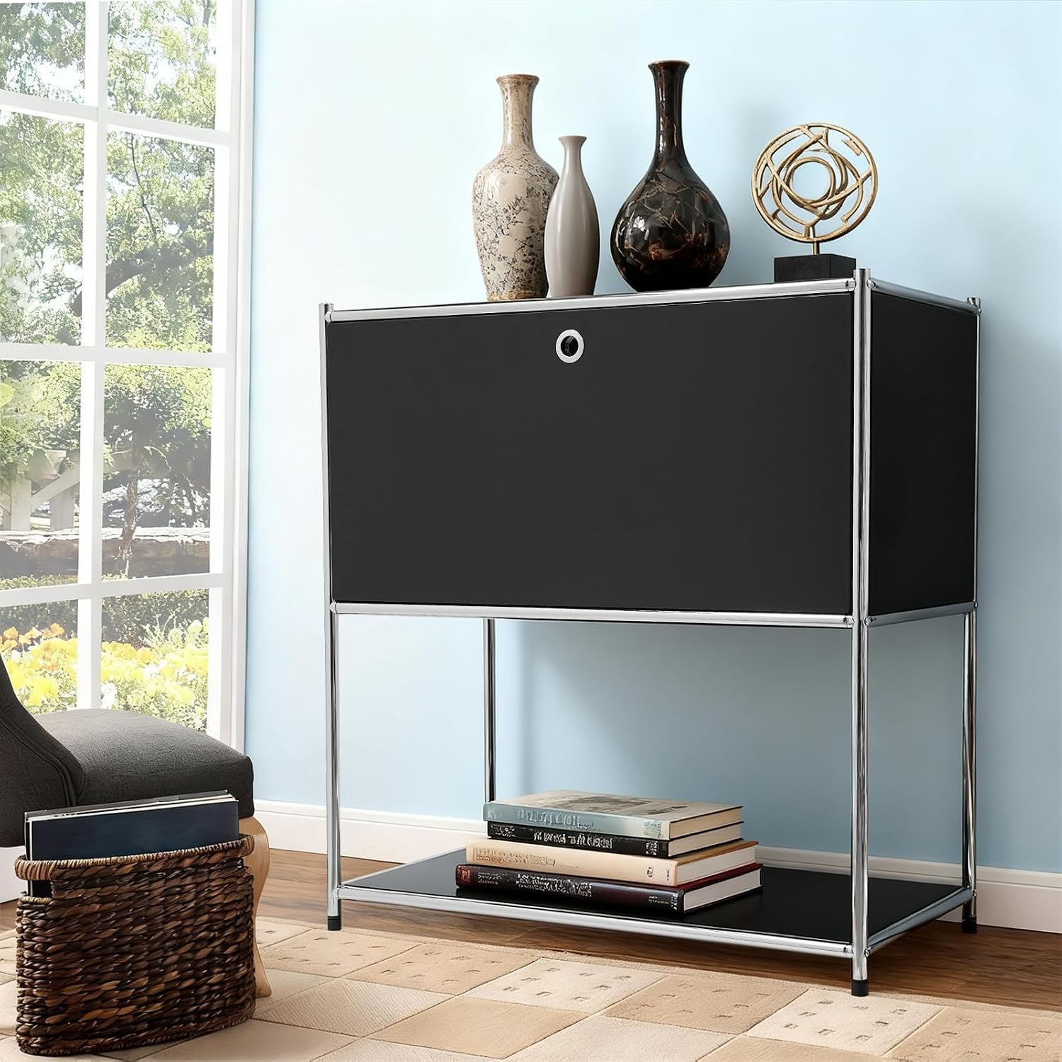 Modern Metal Side Table with Drop-Door & Open Shelf, 27.5" Height Silver & Orange Storage Cabinet for Living Room, Bedroom, Office - Nightstand, Bookshelf, for Small Spaces, Apartments & Dorms(Black)