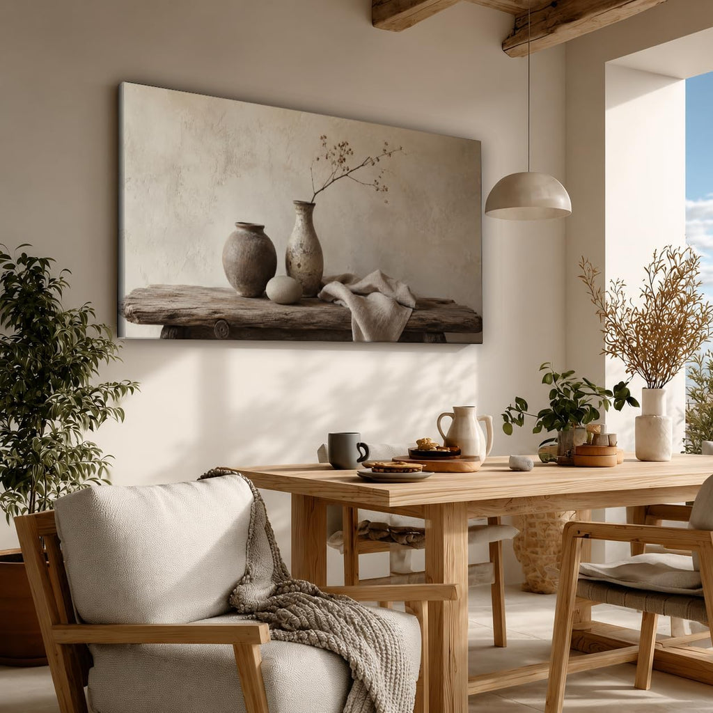 JILLICK Rustic Pottery Canvas Wall Art, Neutral Vase Still Life Horizontal Wall Decor for Living Room Dining Room Office 58x28 Inch, Large Horizontal Wall Art for Living Room Above Sofa