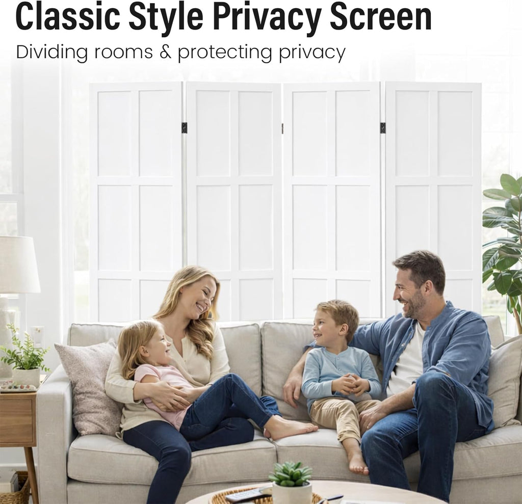4 Panel Room Divider Folding Privacy Screen, 66.92″ Tall Solid Paulownia Wood Room Partition with 360° Hinges, Freestanding Wall Divider for Room Separation, Home, Bedroom, Office (White)