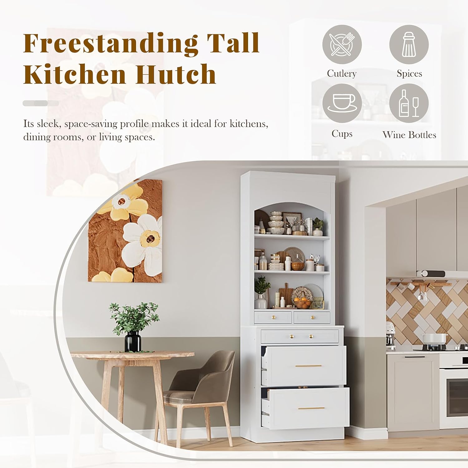 83.7inch High Modern Utility Kitchen Pantry, Freestanding Tall Kitchen Hutch with Storage, Larder Cupboard Cabinet with 5 Storage Drawers and Adjustable Shelf for Dining Room, Living Room