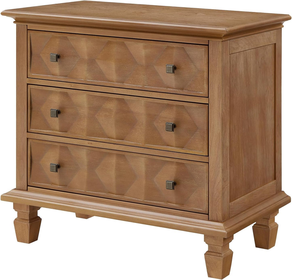 Traditional Geometric Textured Nightstand, 3 Drawer Solid Wood Bedside Table with Carved Front Panels, Rustic End Table for Bedroom Living Room, Apricot