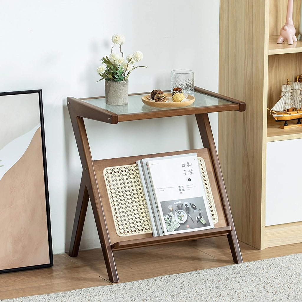 Rattan Bamboo Side Table, Boho Nightstand with Glass Top & Magazine Rack, Storage End Table for Living Room, Bedroom & Study Room,Walnut