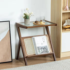 Rattan Bamboo Side Table, Boho Nightstand with Glass Top & Magazine Rack, Storage End Table for Living Room, Bedroom & Study Room,Walnut