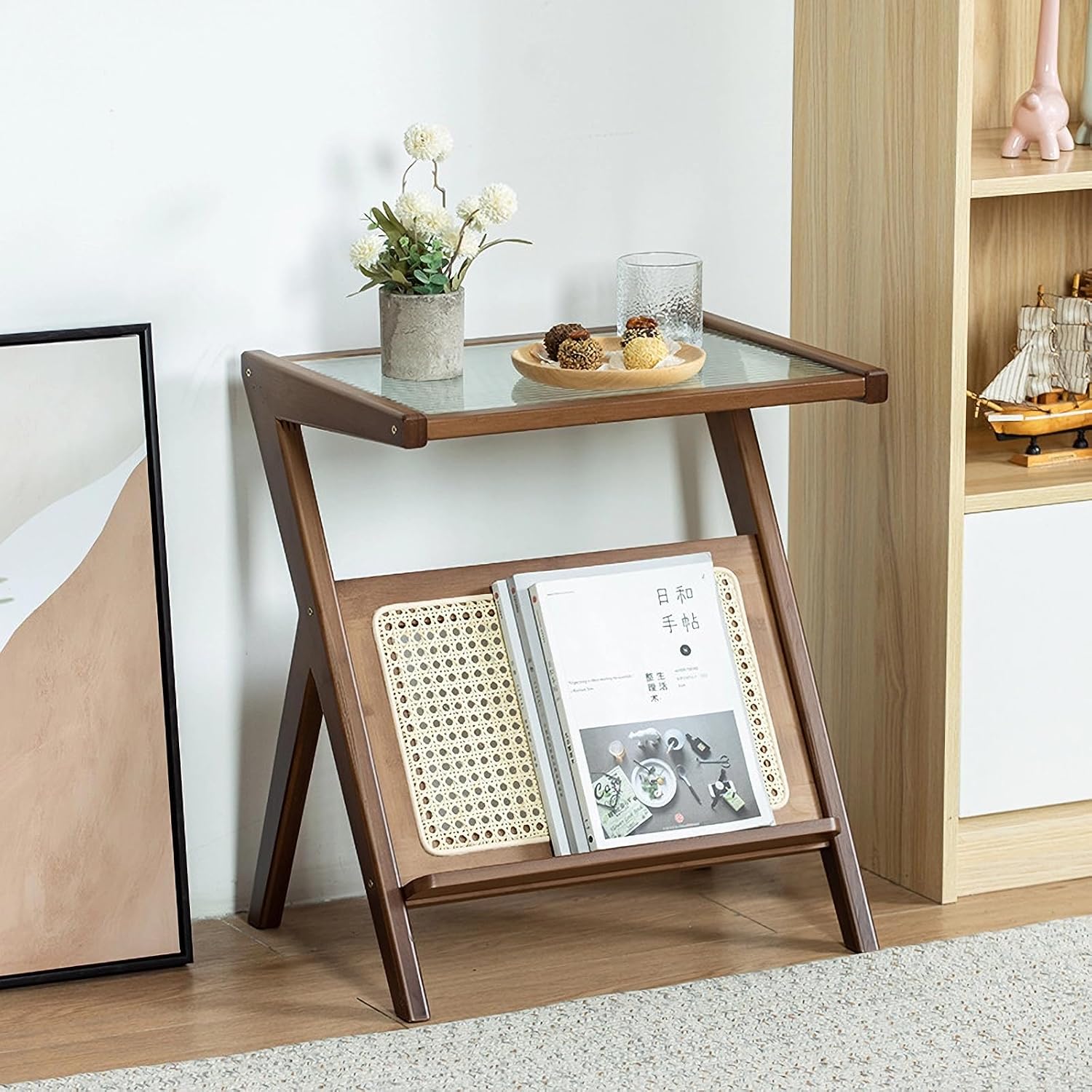 Rattan Bamboo Side Table, Boho Nightstand with Glass Top & Magazine Rack, Storage End Table for Living Room, Bedroom & Study Room,Walnut