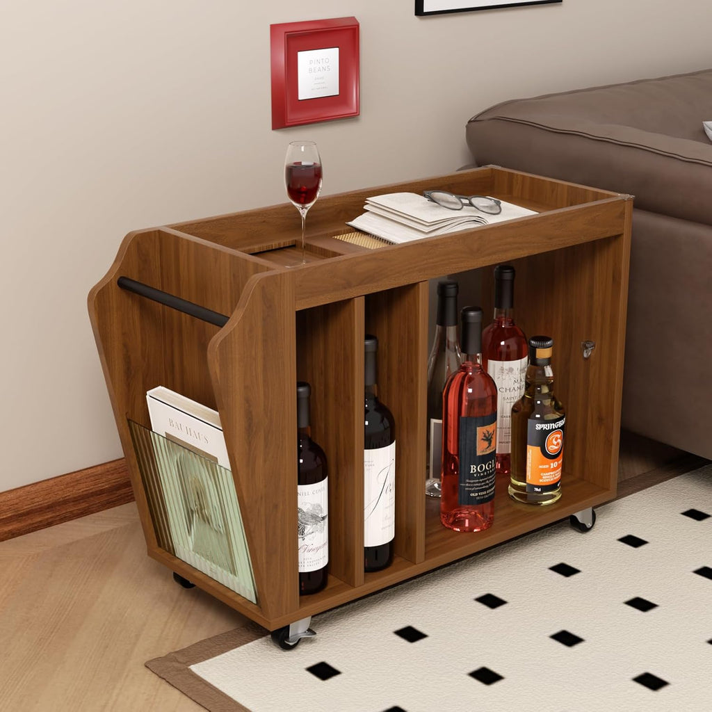 Narrow Side Table Slim End Table with Brakeable Wheels, 6 Storage Compartments & Removable Tray, Multifunctional Nightstand Bedside Table for Living Room Sofa Bedroom (Brown)