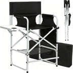 Tall Makeup Chair, Foldable Director Chairs, Portable Makeup Artist Chair w/Side Table Cup Holder Storage Bag and Footrest, 400LBS Load Capacity, Black, 41''