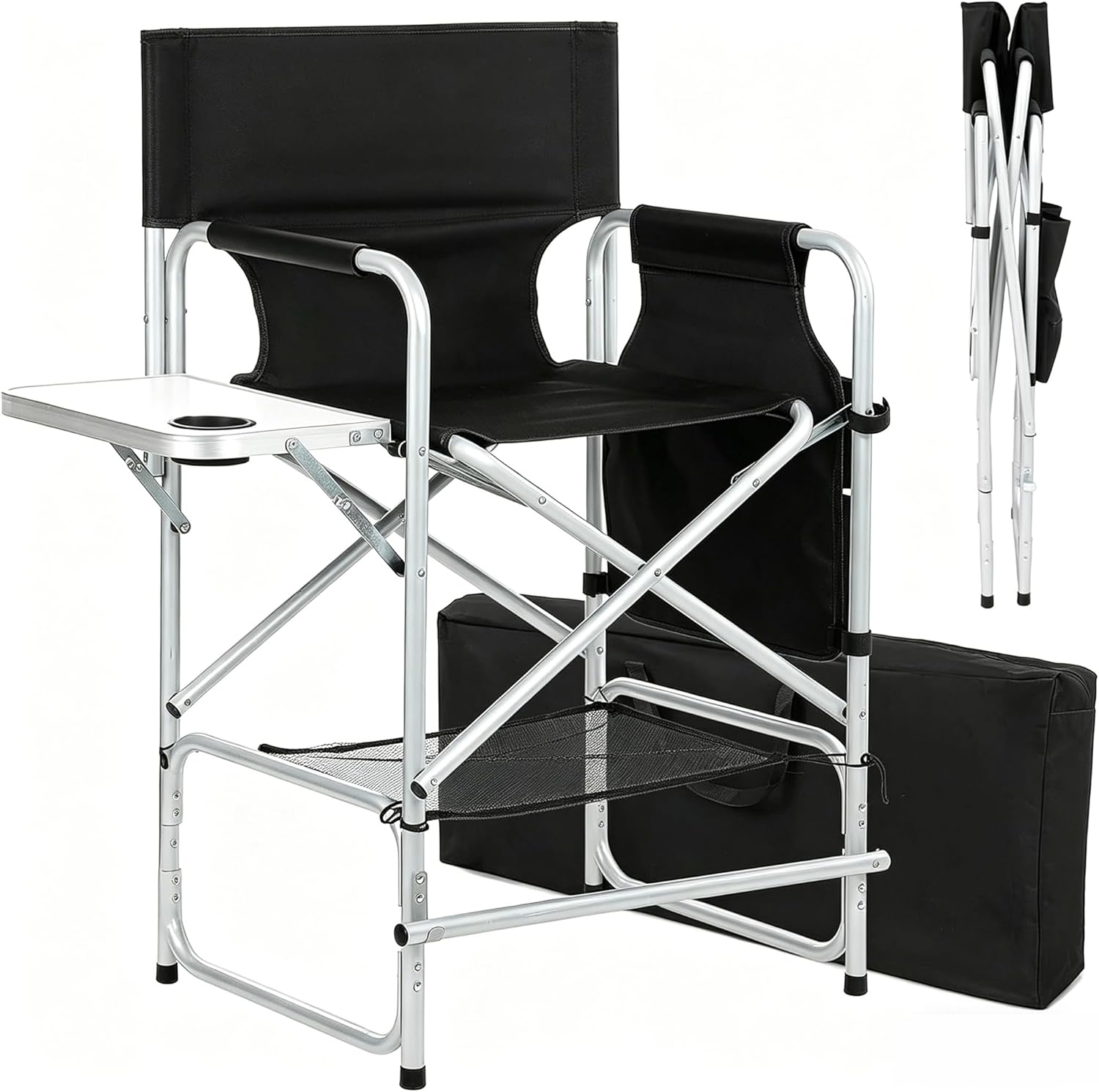 Tall Makeup Chair, Foldable Director Chairs, Portable Makeup Artist Chair w/Side Table Cup Holder Storage Bag and Footrest, 400LBS Load Capacity, Black, 41''