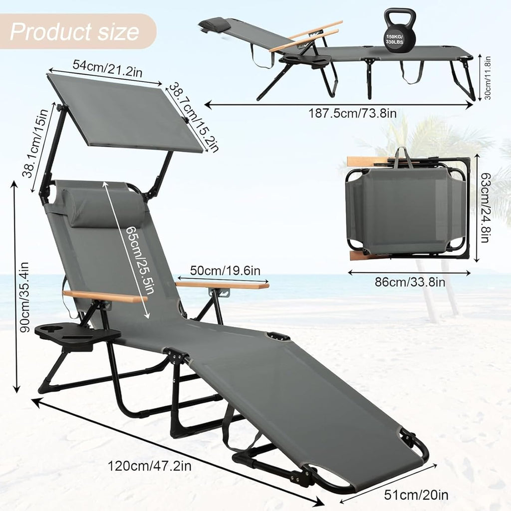 Folding Lounge Chairs for Outside, Patio Sun Tanning Chair with Sun Shade, 4 Position Beach Lounge Chair with Cup Holders & Wooden Armrests for Beach and Pool, Oxford Fabric, Beige