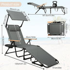 Folding Lounge Chairs for Outside, Patio Sun Tanning Chair with Sun Shade, 4 Position Beach Lounge Chair with Cup Holders & Wooden Armrests for Beach and Pool, Oxford Fabric, Beige
