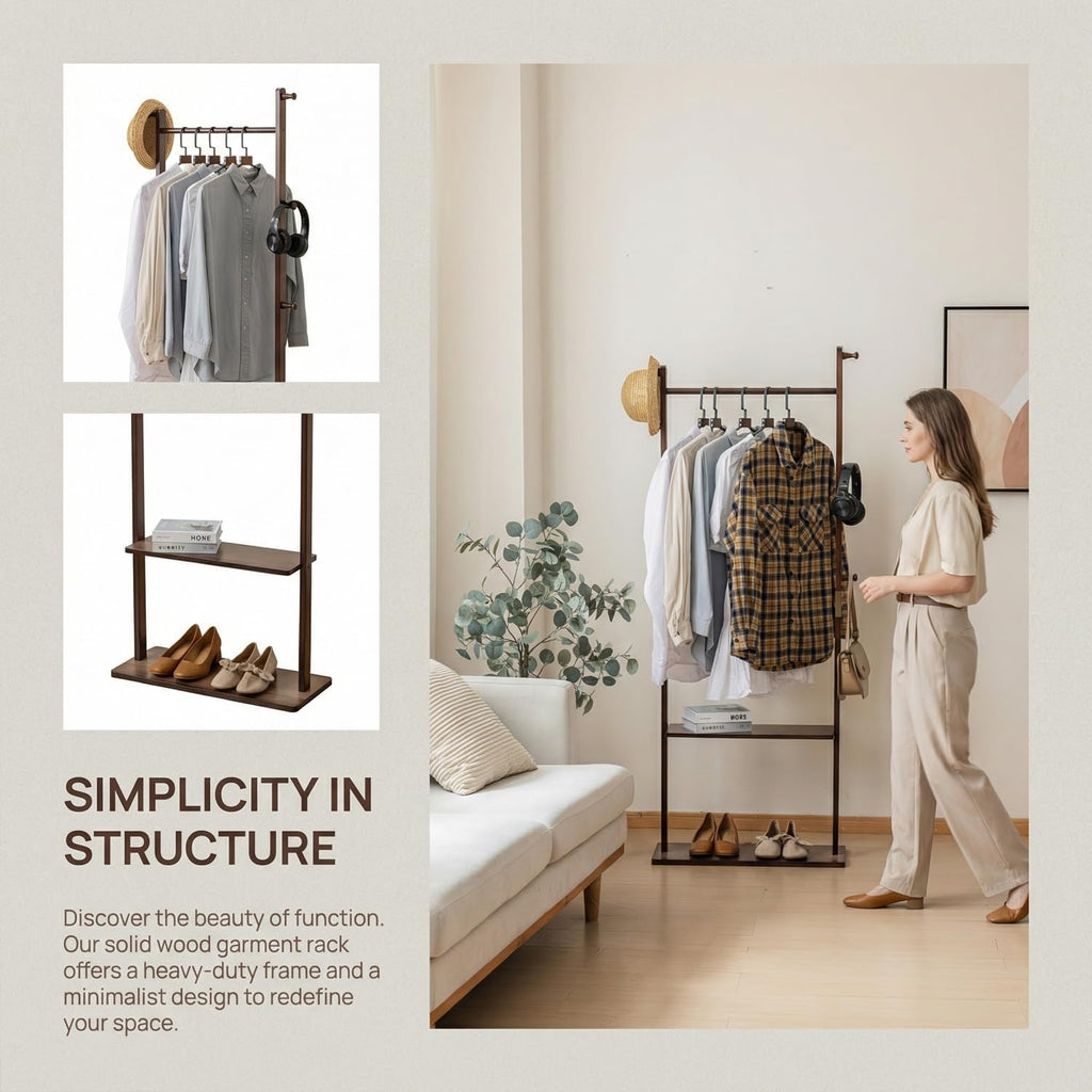 latifolia Clothes rack, Solid Wood Clothing Rack Witch Hooks and Shelves, 23.6 inch Garment rack With Storaege for Living Room, Walnut
