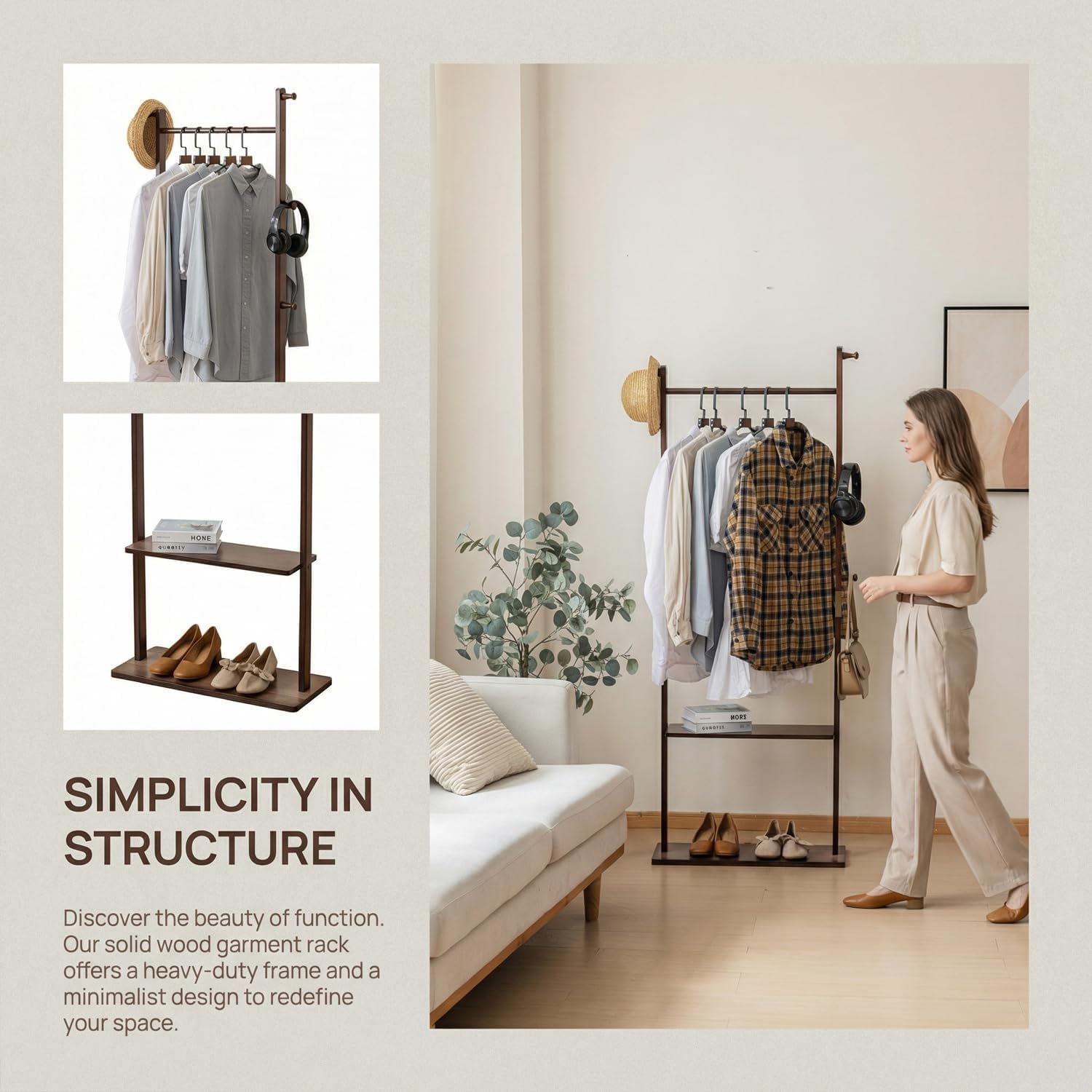 latifolia Clothes rack, Solid Wood Clothing Rack Witch Hooks and Shelves, 23.6 inch Garment rack With Storaege for Living Room, Walnut