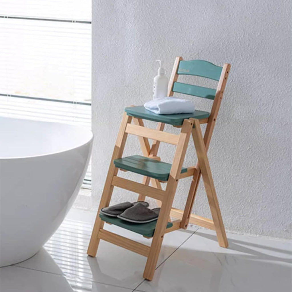 Folding Bar Stool, 3 Step Multifunction Portable Adults Solid Wood Ladder Stool for Household Kitchen, Bathroom Storage Shelf, Green