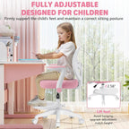 HOFFREE Kids Desk Chair Ergonomic Study Chair with Flipped Armrest and Footrest Adjustable Height Swivel Kids Computer Chair Mesh Desk Chair for Boys Girls Children at Home Bedroom Study Room Pink