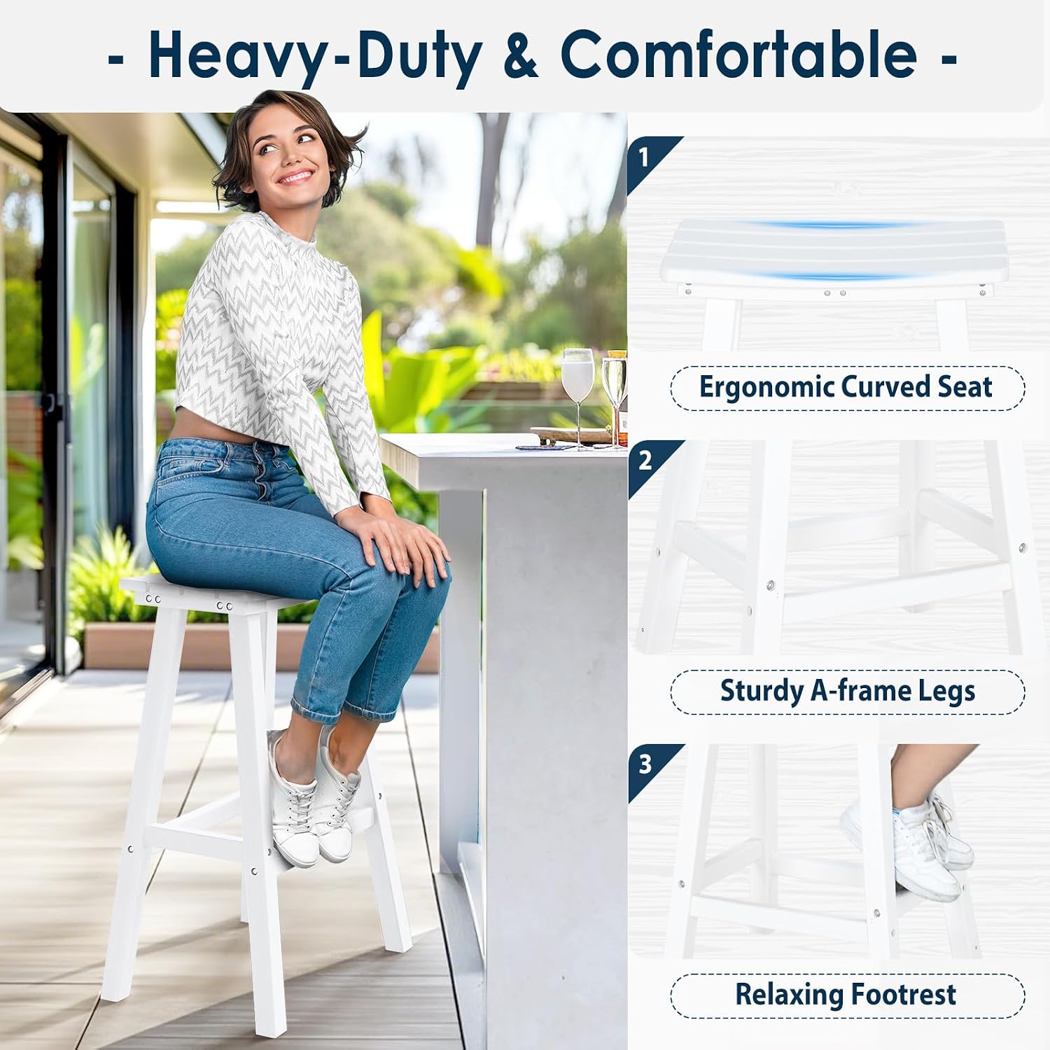 nalone 29 Inch Outdoor Bar Stools Set of 2, HDPE Bar Chairs with Footrest, Weather Resistant Barstools Outside Counter Height Stools for Patio Yard (White, 29'' Barstools Set of 2)