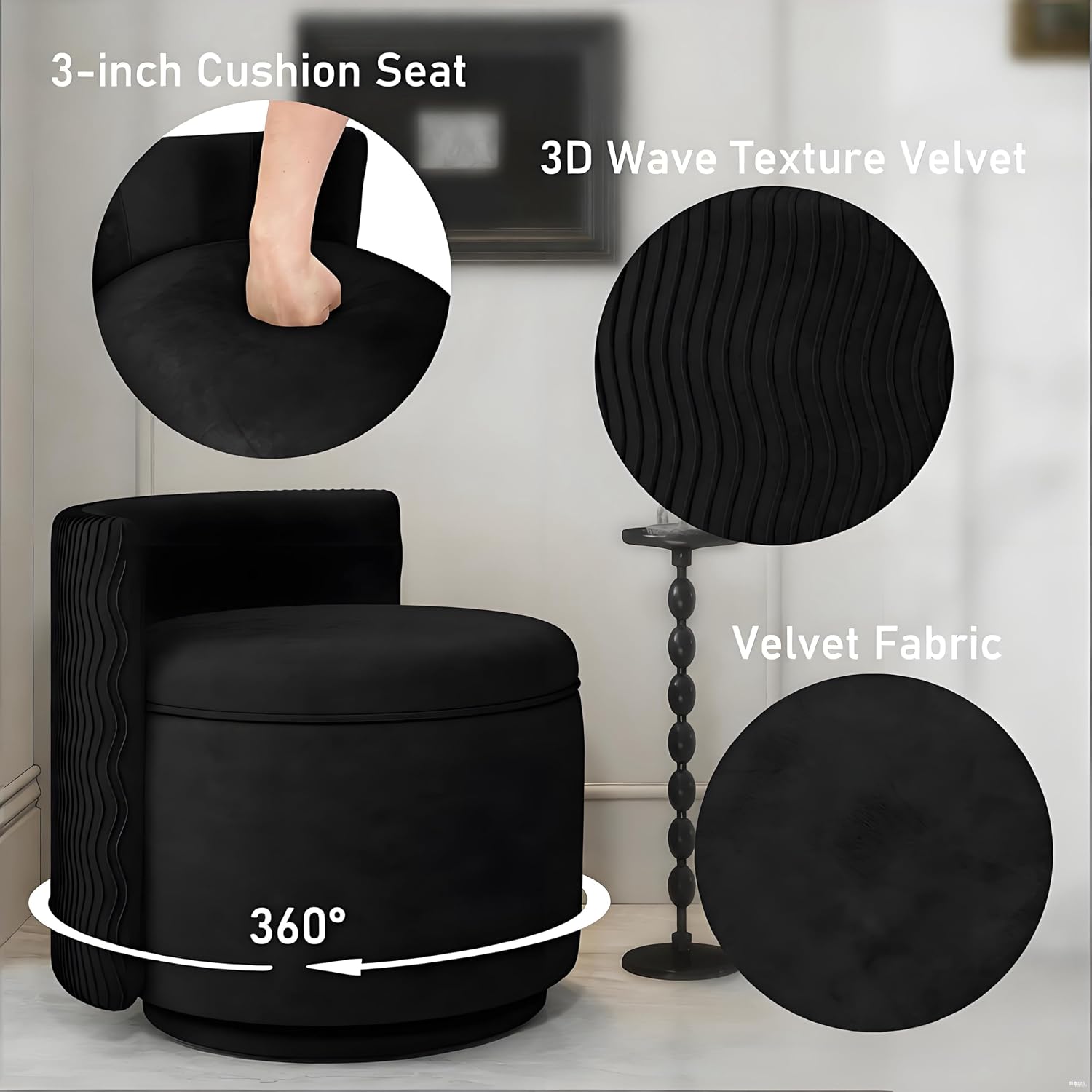 allamazing 360° Swivel Accent Chair with Storage, Vanity Stool with Back, Velvet Storage Ottoman, Upholstered Round Barrel Vanity Chair for Living Room, Makeup Room, Bedroom (Black)