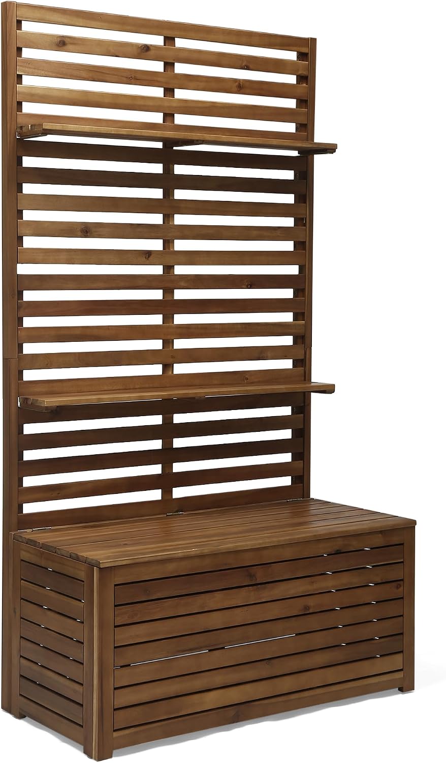 Acacia Wood Mud Bench with Storage and Display Shelves, Classic Wooden Slats for Entryway Organization and Home Interior